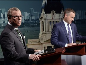 Saskatchewan Party leader Brad Wall (left) and NDP leader Cam Broten aren't throwing money around in their campaign promises.