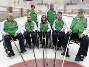 Members of the 2016 Saskatchewan wheelchair curling team. Front (left to right): Moose Gibson, Darwin Bender, Marie Wright, Gil Dash and Larry Schrader. Back: Lorraine Arguin (coach, left) and assistant coach Lloyd Thiele.