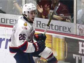 Cole Sanford, shown celebrating his first-period goal Wednesday against the Lethbridge Hurricanes, has helped his team assume a 3-1 lead in a playoff series.