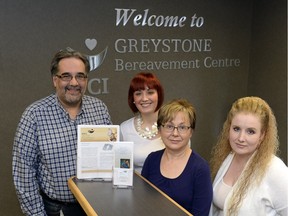 The staff at the Greystone Bereavement Centre, (L-R) Provincial Bereavement Services coordinator Dwayne Yasinowski, Executive Director Stephanie Kohlruss, Intake coordinator Connie Borsa, and office manager Michelle Johnson.