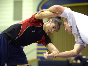 O'Neill's Skylar Deschambault, left, is preparing for the Saskatchewan High Schools Athletic Association wrestling championships.