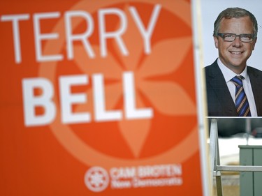 Saskatchewan NDP candidate Terry Bell's election sign sits near a Sask Party election sign on McCarthy Blvd. in Regina on Saturday March 12, 2016. Bell was dropped as a candidate Saturday morning for comments he made on social media.