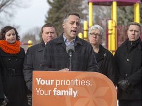 NDP leader Cam Broten at a news conference in Weaver Park in Saskatoon. If elected, he said he will hire 300 teachers and as many more EAs.