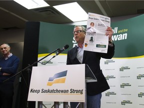 Premier Brad Wall addresses supporters during the release of the Saskatchewan Party platform in Saskatoon on March 19.