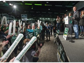 Brad Wall speaks to a rally at Prairieland Park in Saskatoon on Thursday.