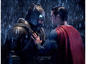 Ben Affleck, left, and Henry Cavill in a scene from, the Warner Bros. movie Batman V Superman: Dawn of Justice.