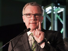 Brad Wall speaks during the Saskatchewan Party electoral victory at Palliser Pavilion in Swift Current, Saskatchewan, on Monday,