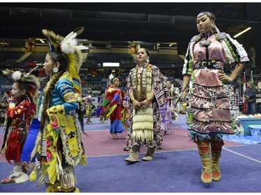 Dancers participate in the First Nations University of Canada powwow on April 2, 2016.