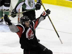 Dryden Hunt of the Moose Jaw Warriors celebrates a goal against the Prince Albert Raiders in the first round of the WHL playoffs.