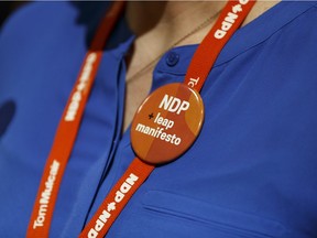 Former MP Megan Leslie wearing a supportive button for the Leap Manifesto during the 2016 NDP national convention in Edmonton.