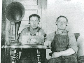 Frank and Jim Bentley listening to a Westinghouse radio in 1926 (Saskatchewan Archives Board S78-102).