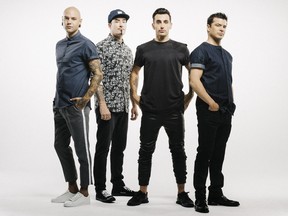 Hedley, comprised of Dave Rosin (left) , Tommy Mac, Jacob Hoggard and Chris Crippin, is bringing its Hello world tour to the Brandt Centre on May 6.