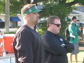 Saskatchewan Roughriders assistant vice-president of football operations and administration Jeremy O'Day, left, and head coach/GM Chris Jones are shown at the CFL team's mini-camp in Vero Beach, Fla., on Tuesday.