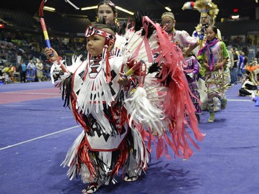 Lennon Lathlin participates in an initiation dance at the FNUC Pow-wow held at the Brandt Centre in Regina on Saturday April 2, 2016.