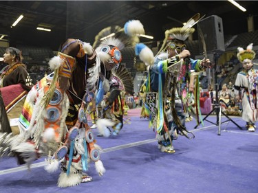 Men dance at the FNUC Pow-wow held at the Brandt Centre in Regina on Saturday April 2, 2016.