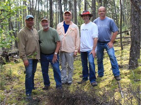 Men Who Paint (left to right) Paul Trottier, Roger Trottier, Ken Van Rees, Greg Hargarten, and Cam Forrester. The Saskatchewan landscape artists' Breaking Ground exhibition features works painted with pigments made from soil, bone and antler.