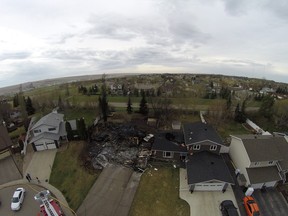 An aerial photo of the damage after a severe fire in Swift Current on April 22.