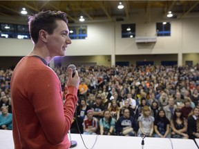 Oliver Phelps of Harry Potter movie fame speaks to a packed house at Fan Expo Regina held at Canada Centre in Regina, Sask. on Saturday April. 23, 2016.