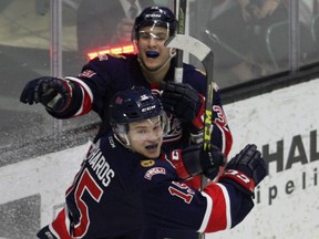 Sean Richards, front, and Lane Zablocki celebrate a second-period goal by the Regina Pats in their 2-1 WHL playoff loss to the host Red Deer Rebels on Tuesday. Although the loss was disappointing for the Pats, their young nucleus — including Richards and Zablocki — will have plenty of reasons to rejoice in the seasons ahead, according to columnist Rob Vanstone.