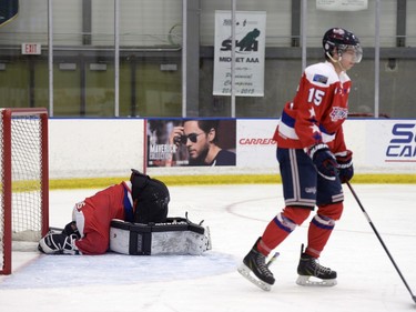 Regina Capitals goalie Thomas Spence reacts after his team loses in triple overtime during the bronze medal match of the Keystone Cup held at Co-operators Centre in Regina, Sask. on Sunday April. 17, 2016.