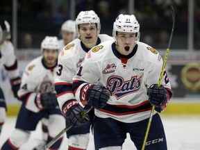 Regina Pats forward Jared McAmmond (21) celebrates a first period goal during a playoff game held at the Brandt Centre in Regina, Sask. on Sunday April. 17, 2016.