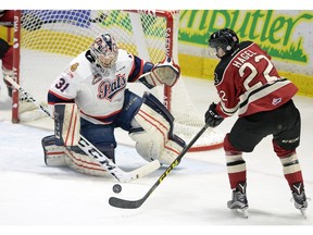 Goalie Tyler Brown, left, and his Regina Pats teammates are preparing for Friday night's WHL playoff game against the host Red Deer Rebels. The Pats and Rebels are tied 2-2 in a best-of-seven WHL Eastern Conference semifinal.