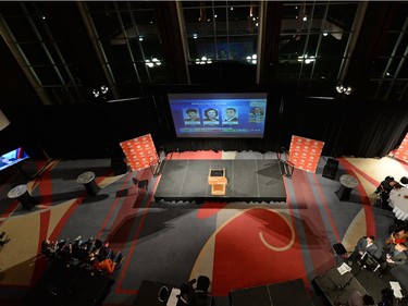 The Regina NDP election headquarters at the Conexus Arts Centre in Regina on Monday.