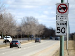 A traffic sign west of Regina reminds heavy trucks are not allowed on Dewdney Avenue.