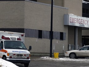 An ambulance sits in front of the emergency room at the Pasqua Hospital.