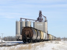 Grain cars lined up at the sidings at the Viterra Grain terminal  east of Pilot Butte  in 2014.  A Canada West Foundation study says the 2013-14 grain backlog was a 'perfect storm' that no one could have prevented.