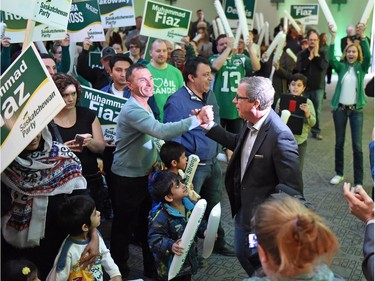 Saskatchewan Party Leader Brad Wall works the crowd at Queensbury (Salon A) in Regina during a campaign stop.