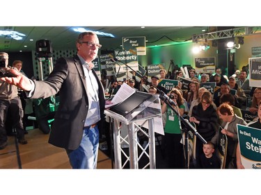 Saskatchewan Party Leader Brad Wall rallying the troops at Queensbury (Salon A) in Regina during a campaign stop.