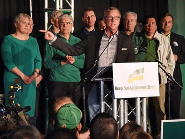 Saskatchewan Party Leader Brad Wall rallying the troops at Queensbury (Salon A) in Regina during a campaign stop.