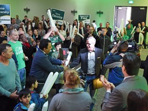 Saskatchewan Party Leader Brad Wall works the crowd at Queensbury (Salon A) in Regina during a campaign stop.