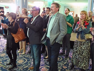Saskatchewan Party supporters cheer for Brad Wall making his victory speech from Swift Current at the Hotel Saskatchewan in Regina on April 4, 2016.