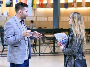 Kyle Moffatt talks with Amaya Lucyk, a second-year student at the University of Regina about Project YANA, a program to emotionally support students as they prepare for final exams.
