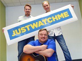 Alex Runions (L),  JJ Voss (seated) and Dean Kush are using their song Just Watch Me as part of a fundraising campaign for the Canadian Cancer Society.