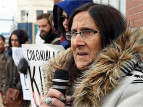 Sue Deranger speaks to the the Colonialism No More Solidarity Camp outside Indigenous and Northern Affairs Canada (INAC) offices in Regina. They have been camped out in front of the building for a week and plan to release their list of demands this week.