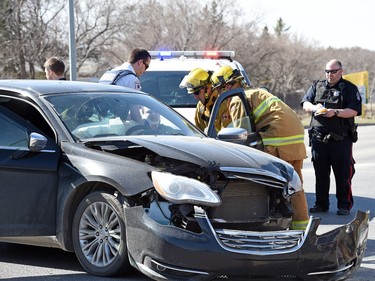 Regina firefighters, EMS and police on the scene of a two vehicle accident at McCarthy Blvd and 1st Avenue N.  One person was transported to hospital.