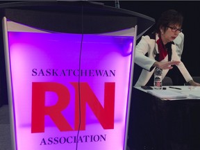 Linda Wasko-Lacey fields questions during a break in Friday's fiery special meeting of the Saskatchewan Registered Nurses Association.