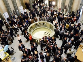 The post-budget crowd in rotunda at the Saskatchewan Legislative Building on March 18, 2015. This year's budget has been delayed to late April or May by yesterday's election.