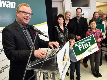 Saskatchewan Party Leader Brad Wall speaking during a campaign stop at Saskatchewan Party candidate Muhammad Fiaz headquarters in Regina on March 24, 2016.