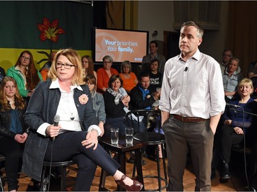 NDP Leader Cam Broten makes a campaign stop at the Artesian in Regina on March 28, 2016. NDP candidate for Regina Pasqua, Heather McIntyre (L) hosted the event.