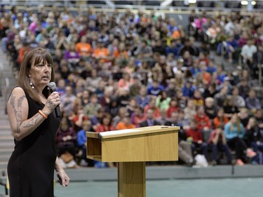 Charlene Bearhead, education co-ordinator at the National Centre for Truth and Reconciliation, speaks to the students at the University of Regina on April 14, 2016.