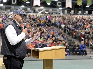 The Faculty of Education at the U of R, in partnership with the National Centre for Truth and Reconciliation (NCTR) will be hosting a Day of Education for Reconciliation. Approx. 1500 students and their teachers from across southern Saskatchewan will be in attendance. There are over 100 education student and faculty volunteers, and sessions will take place. Residential School survivor Eugene Arcand speaks to the students.