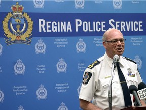 Troy Hagen, chief of the Regina Police Service, announcing his retirement at a news conference in Regina on April 14, 2016.