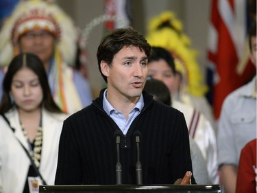 Prime Minister Justin Trudeau  holds a news conference at the Treaty Four Governance Centre in Fort Qu'Appelle Saskatchewan Tuesday April 26, 2016 after meeting with the leaders of the File Hills Tribal Council earlier in the day.