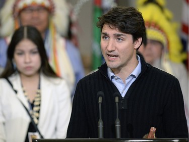 Prime Minister Justin Trudeau  holds a news conference at the Treaty Four Governance Centre in Fort Qu'Appelle Saskatchewan Tuesday April 26, 2016 after meeting with the leaders of the File Hills Tribal Council earlier in the day.