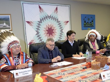Prime Minister Justin Trudeau meets with the leaders of the File Hills Tribal Council at the Treaty Four Governance Centre in Fort Qu'Appelle, Saskatchewan.