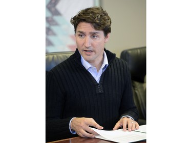 Prime Minister Justin Trudeau meets with the leaders of the File Hills Tribal Council at the Treaty Four Governance Centre in Fort Qu'Appelle, Saskatchewan.